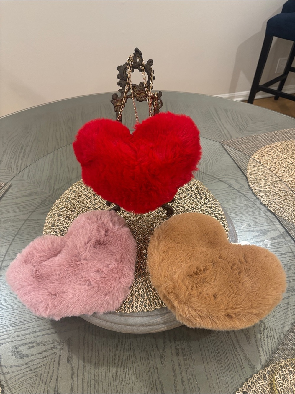 Set of 3 Faux Fur Heart Crossbody Bag - Red, pink and tan.